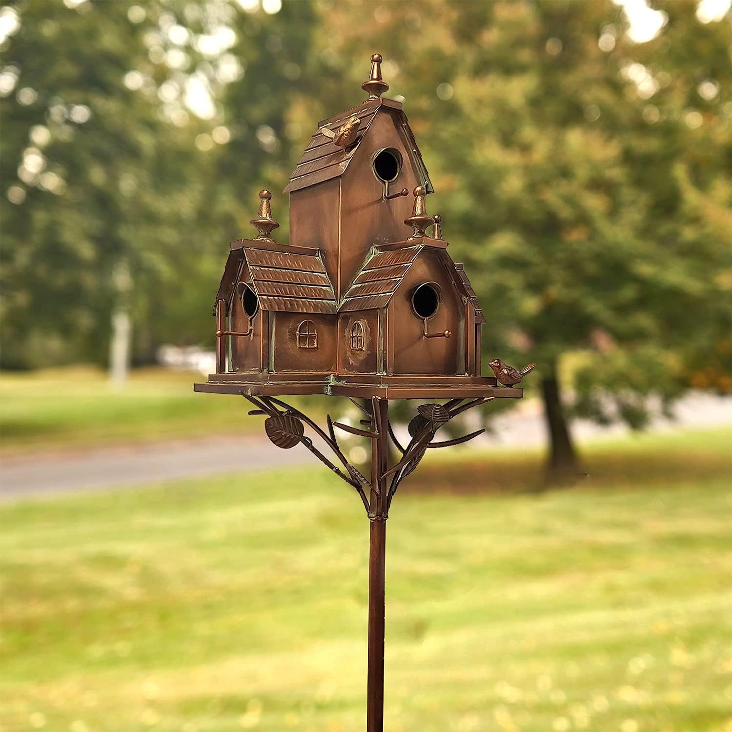 Zaer Ltd. Large Copper Colored Multi-Birdhouse Stakes, Room for 4 Bird Families in Each (Castle Home)
