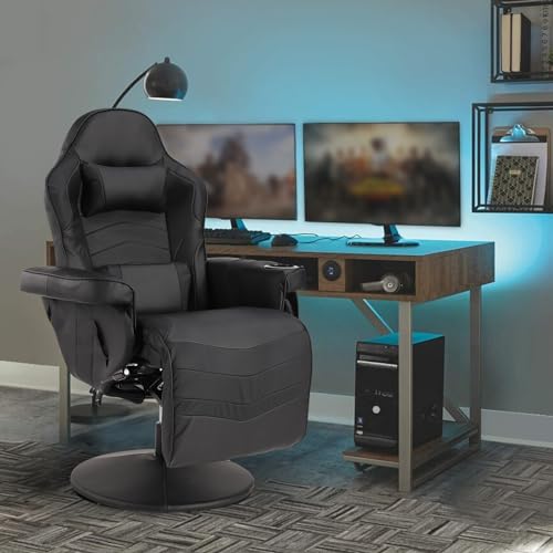 Reclining Gaming Chair - Gaming Recliner Chairs for Adults - PU Leather Gaming Chair with Massage, Swivel Gaming Recliner Chair with Adjustable Height, Lumbar Support, Side Pouch (Blue)
