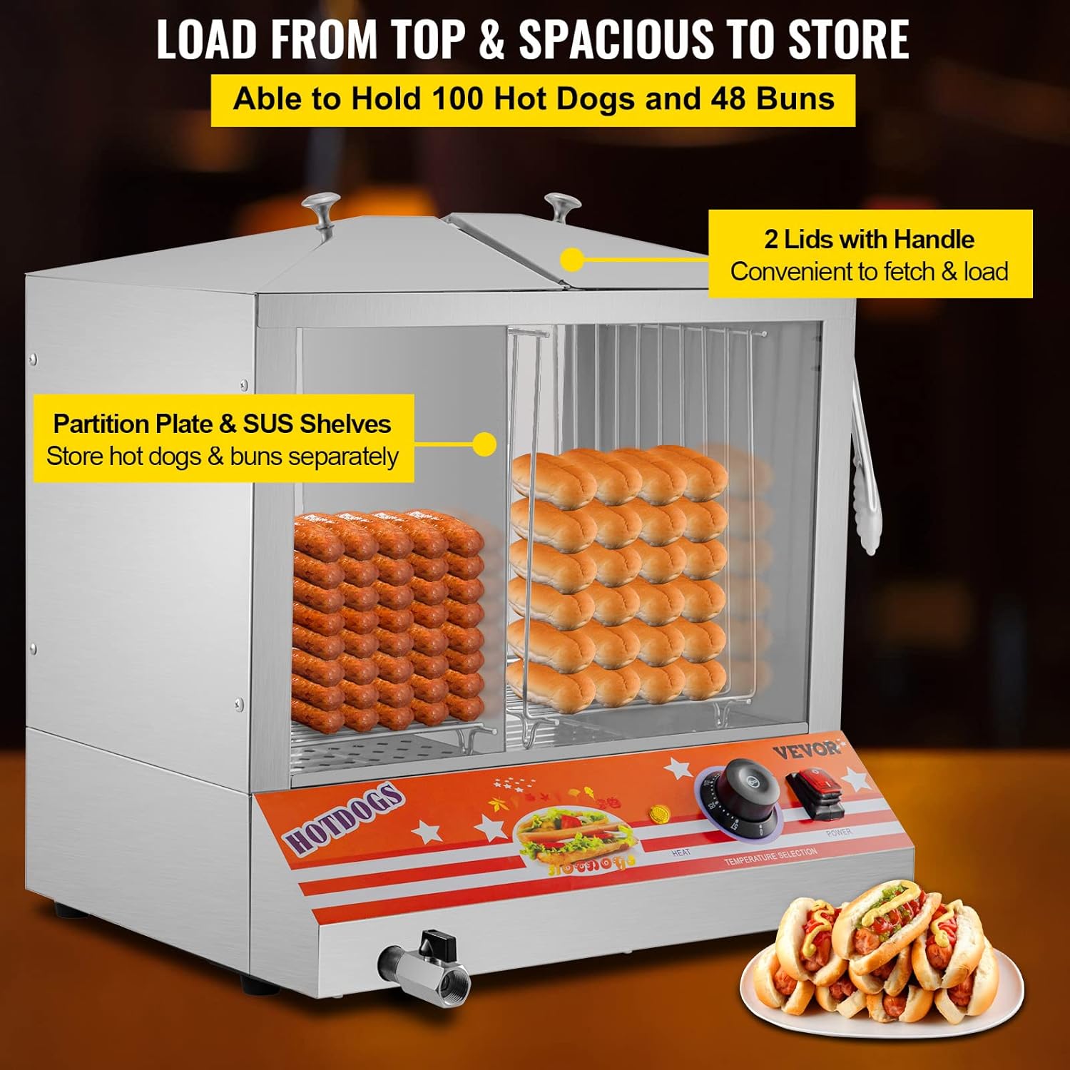 VEVOR Hot Dog Steamer, 36L/32.69Qt, Top Load Hut Steamer for 100 Hot Dogs & 48 Buns, Electric Bun Warmer Cooker with Acrylic Windows Partition Plate Shelves Food Clip PTFE Tape, Stainless Steel
