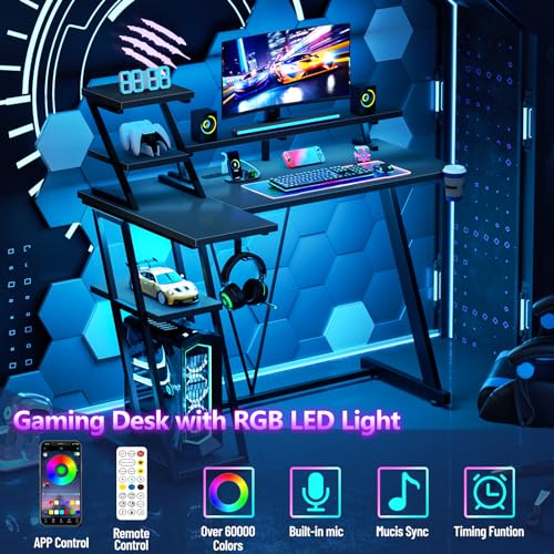 L Shaped Gaming Desk with LED Lights & Power Outlet, 47 Inch Computer Desk with Extra Storage Shelves, Reversible Gamer Workstations with Monitor Stand for Bedroom, Carbon Fiber Black