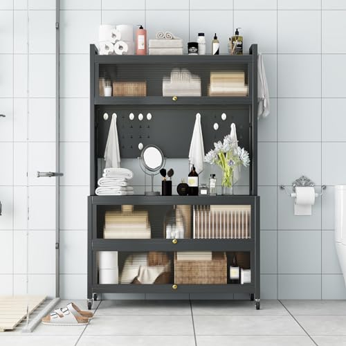 Kitchen Pantry Storage Cabinet with Microwave Space, Freestanding Coffee Bar Shelf Rolling Bakers Racks with 3 Doors for Hutch, Home, Office, Pantry, Garagestorage, White