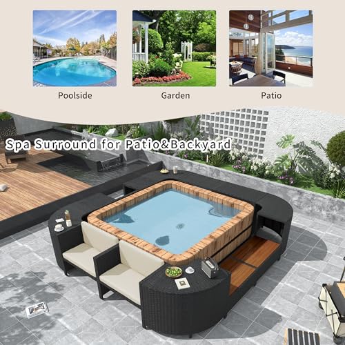 Harper & Bright Designs Spa Surround Spa Frame Quadrilateral Outdoor Rattan Sectional Sofa Set with Mini Sofa,Wooden Seats and Storage Spaces for Free Combination,Cream Beige