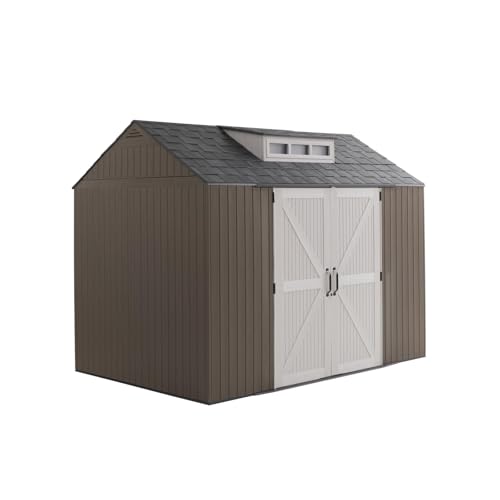 Large Resin Outdoor Storage Shed with Floor (7-10.5 Ft) - Weatherproof Double Wall Construction for Lawn Mowers, Garden Tools, Bike & Pool Supplies, Lockable (Brown, 7x7 FT)