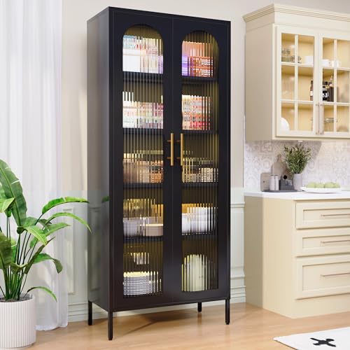 71” Tall Curio Cabinet, Display Cabinet with Glass Doors and Lights, Metal Kitchen Pantry Cabinet, Hutch Cabinet with Adjustable Shelves, China Cabinet for Dining Room, Living Room, Black