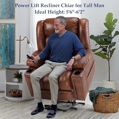 Large Power Lift Chairs Recliners for Elderly with Heated and Massage, Overstuffed Adjustable Lift Chairs, 3 Positions, Breathable Leather, USB-A and USB-C, Cup Holder, Side Pocket Dark Brown