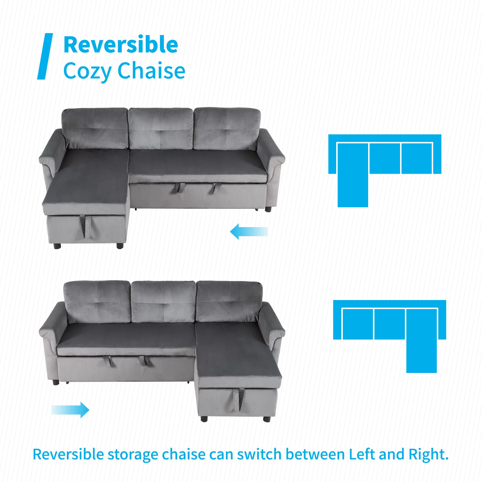Mjkone Reversible Sectional Sofa Couch with Storage Chaise, Modern Dutch Velvet L-Shaped Sleeper Sofa 3-Seat Couches Sectional with Reversible Chaise (Light Gray)