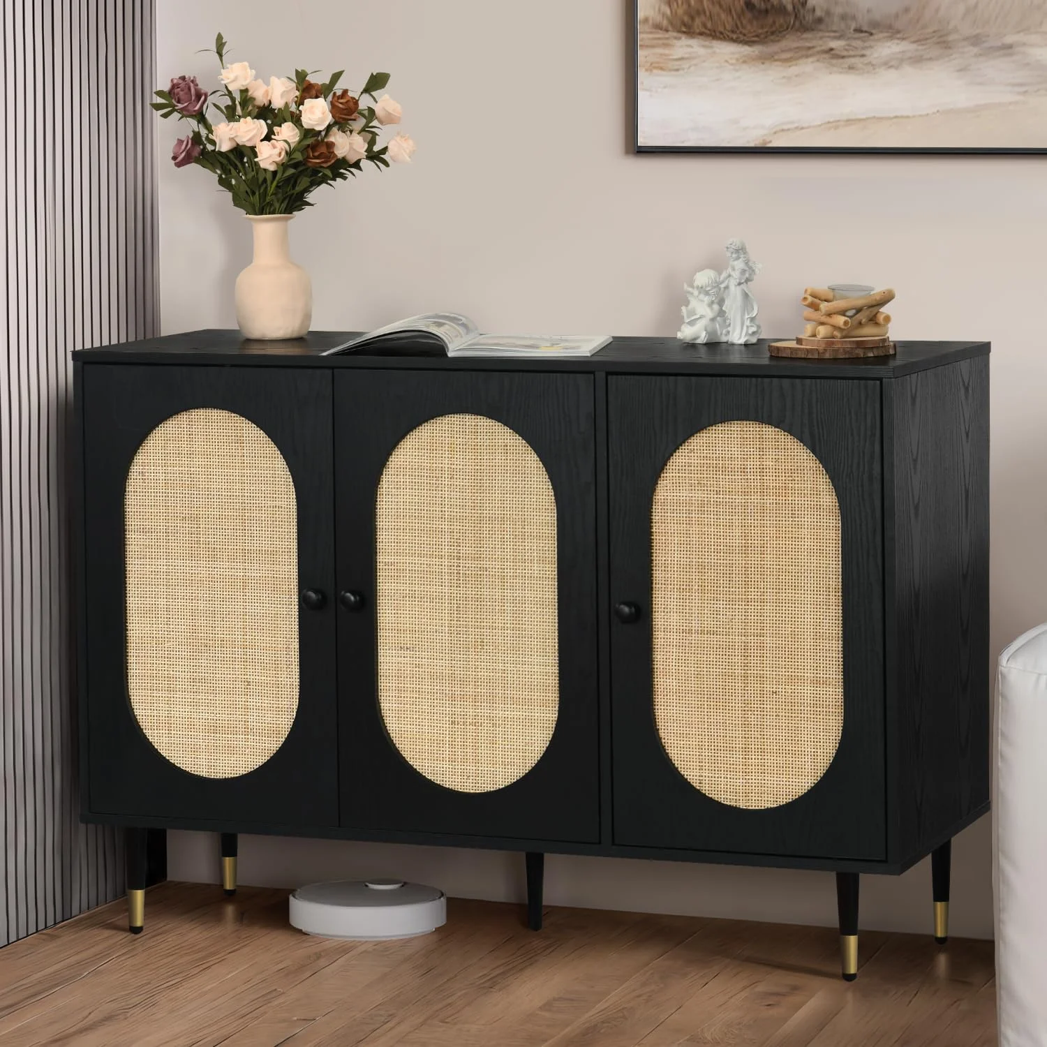Catrimown Buffet Cabinet, Rattan Sideboard Storage Cabinet, Credenzas and Sideboards Cabinet Accent Cabinet for Living Room, Black