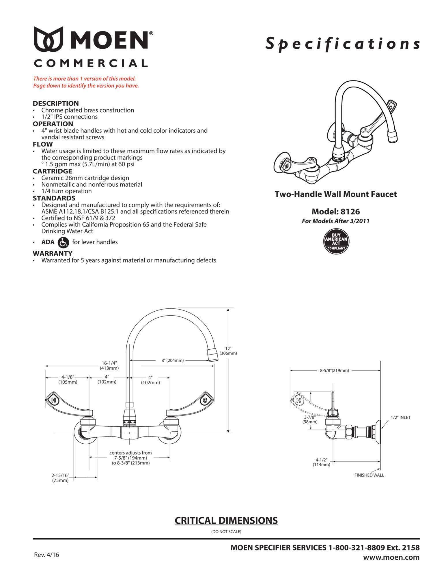 Moen 8126 M-Dura Commercial Kitchen Faucet - Chrome