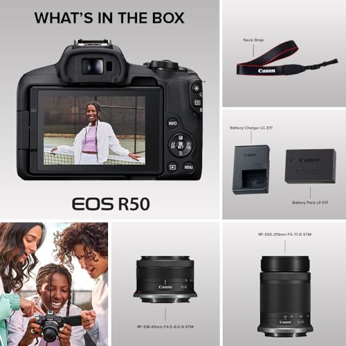 Canon EOS R50 Mirrorless Camera RF-S18-45mm F4.5-6.3 is STM Lens Kit, 24.2 Megapixel CMOS (APS-C) Sensor, 4K Video, Hybrid Camera, Photo and Video, Vlogging, Content Creator, RF Mount, Black
