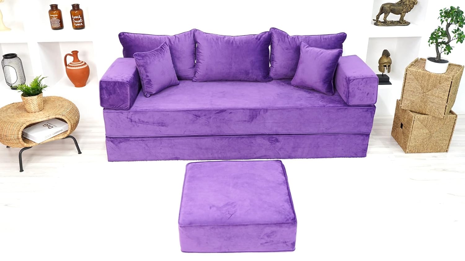 Velvet Purple Sectional Sofa, Floor Sofas, Japanese Sofa, Meditation Cushion, Bohemian Sectional Sofa, Chair Cushions (Sofa + Ottoman, 8''+ 8'' Thickness Sofa)