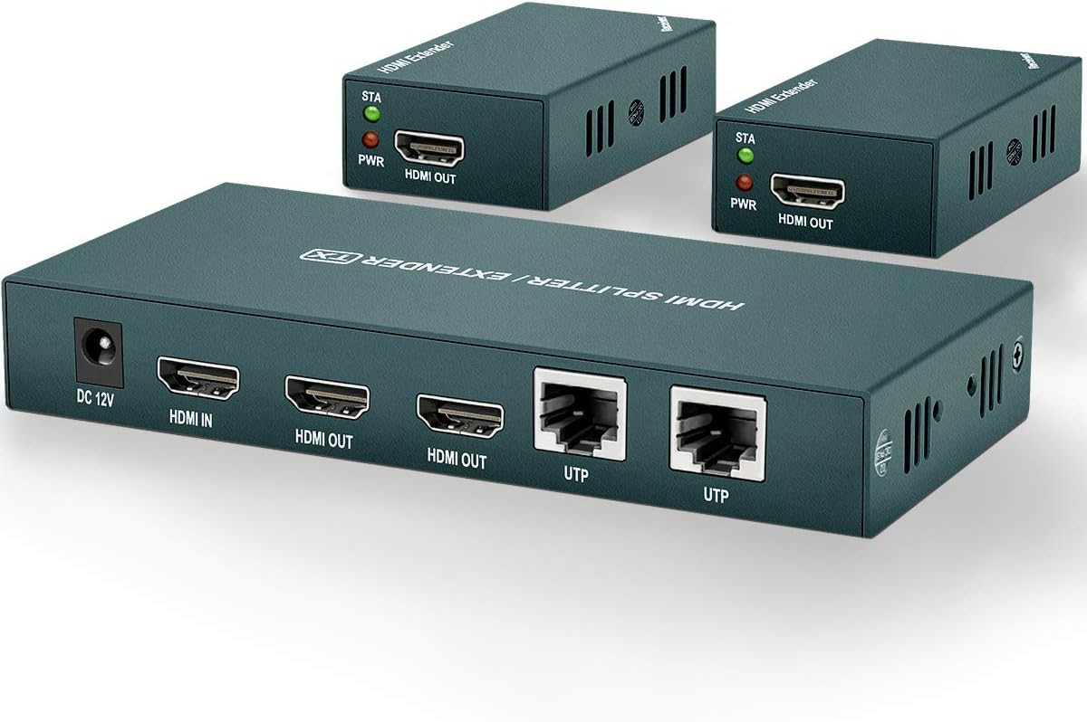 HDMI Extender Splitter 1x2, HD1080P@60Hz & 3D Visual, Extending 165ft (50m) Length Transmission Over CAT5e/CAT6/CAT7 Cable, 2 Channel Transmission with 2 HDMI Loop Out Pack of 2