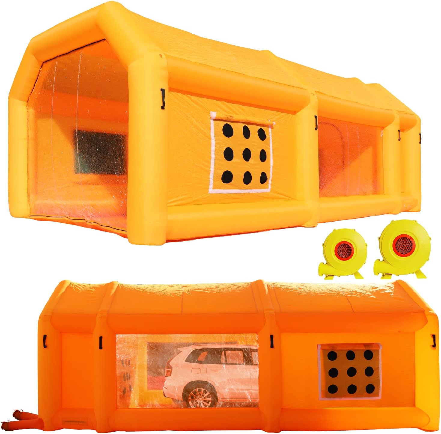 Mokmok Portable Inflatable Paint Booth,26x13x10 Ft Inflatable Spray Booth,Car Paint Tent with Air Filtration System and 2 Blowers,for Small Cars Or Other Small Items Paint.