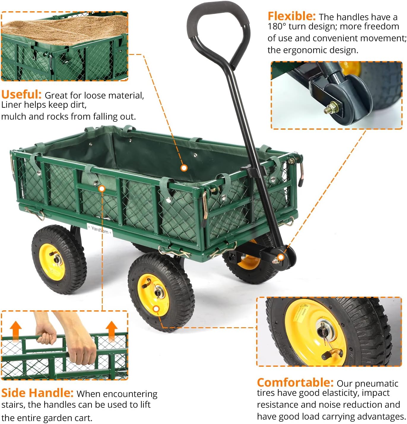 Yardsam Utility Steel Garden Carts and Wagons w/ 8 Inch Pneumatic Tyres + Foldable Folding Wagon Cart with Removable Wheels