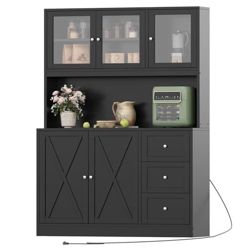 Irontar 70.9'' Kitchen Pantry Cabinet, Kitchen Hutch with Microwave Stand & Charging Station, Farmhouse Tall Storage Cabinet with Countertop, Bar Cabinet with Drawer and Glass Doors, Natural CWG011ME