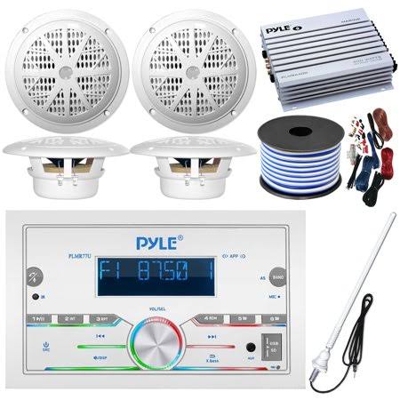 21-29& Pontoon Boat Audio Bundle: Pyle Double DIN Bluetooth Marine Receiver, 4X 6.5&& Waterproof White Speakers, 4-Channel Ampli