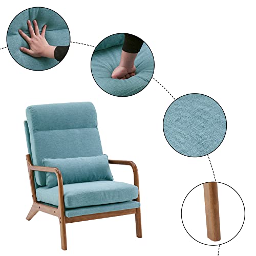 Bonnlo High Back Linen Beige Mid Century Modern Accent Chair, Soild Wood Padding Lounge Armchairs Side Sitting Chairs for Living Room, Bedroom, Guest Room