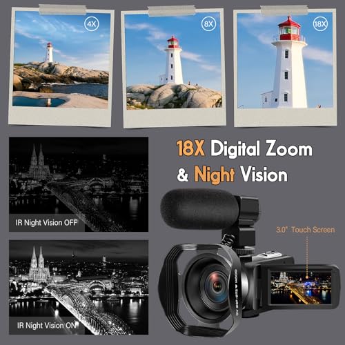 5K Video Camera 64MP Camcorder IR Night Vision Vlogging Camera 18X Zoom WiFi Digital Camera for YouTube 3.0'' Touch Screen Camcorder with 32GB SD Card, Microphone, 2.4G Remote Control