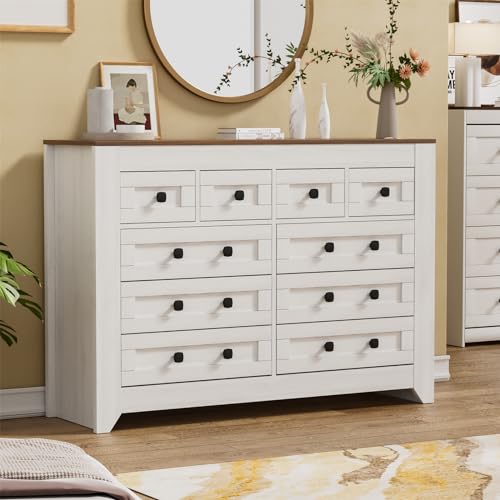 PAKASEPT Farmhouse White Dresser for Bedroom, 54" Wide Chest of Drawers for Bedroom with 3 Wooden Drawers and Sliding Barn Doors, Wood Dressers Storage TV Stand for Bedroom, Living Room, Kitchen