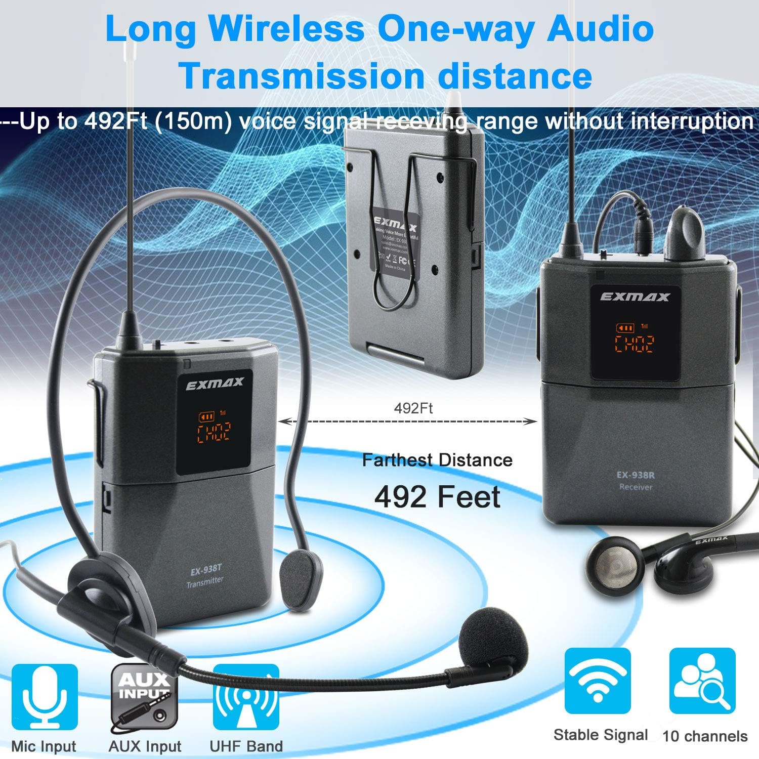 EXMAX EX-938 Wireless Headset Microphone Tour Guide System Interpreter Transmitter Translator in Your Ear for Church Translation Simultaneous Interpretation (1 Transmitter 10 Receivers & Storage Case)