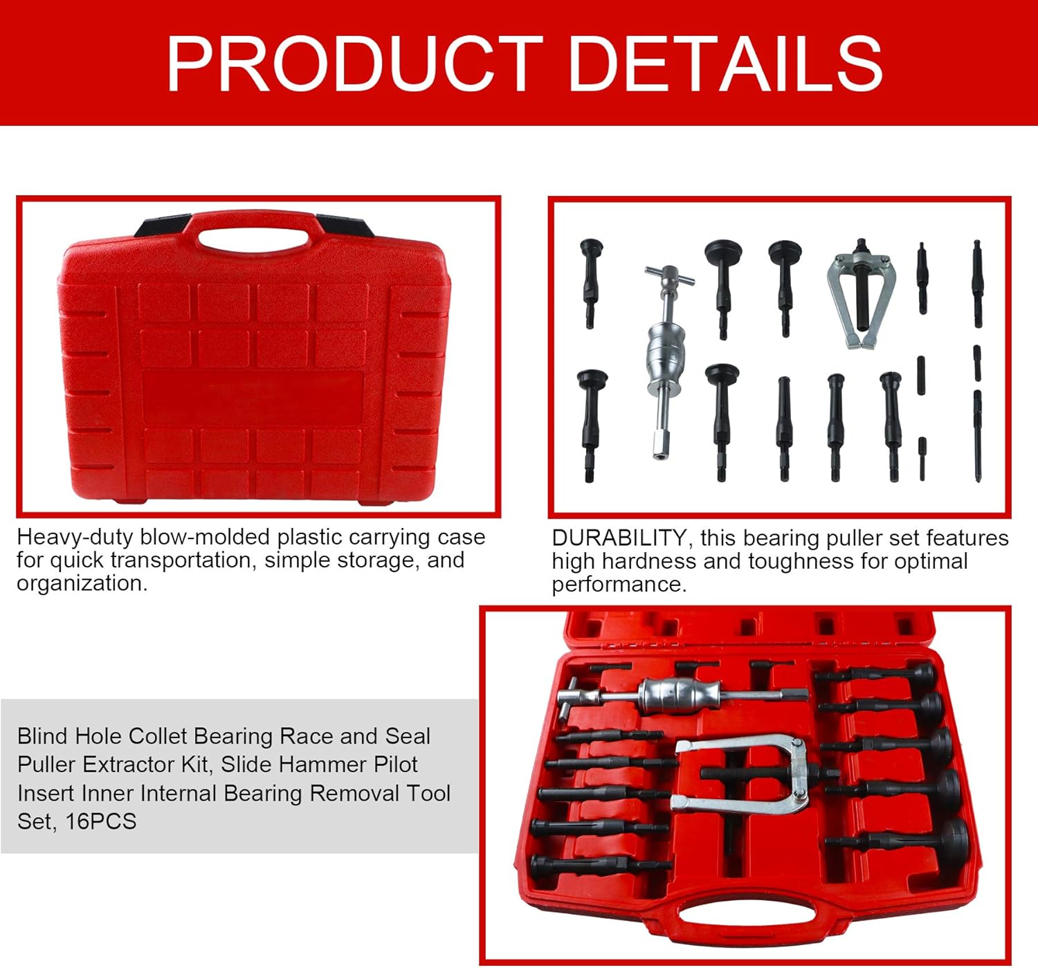 Frombet 16PCS Blind Hole Collet Bearing Race and Seal Puller Extractor Kit Slide Hammer Pilot Insert Inner Internal Bearing Removal Tool Set