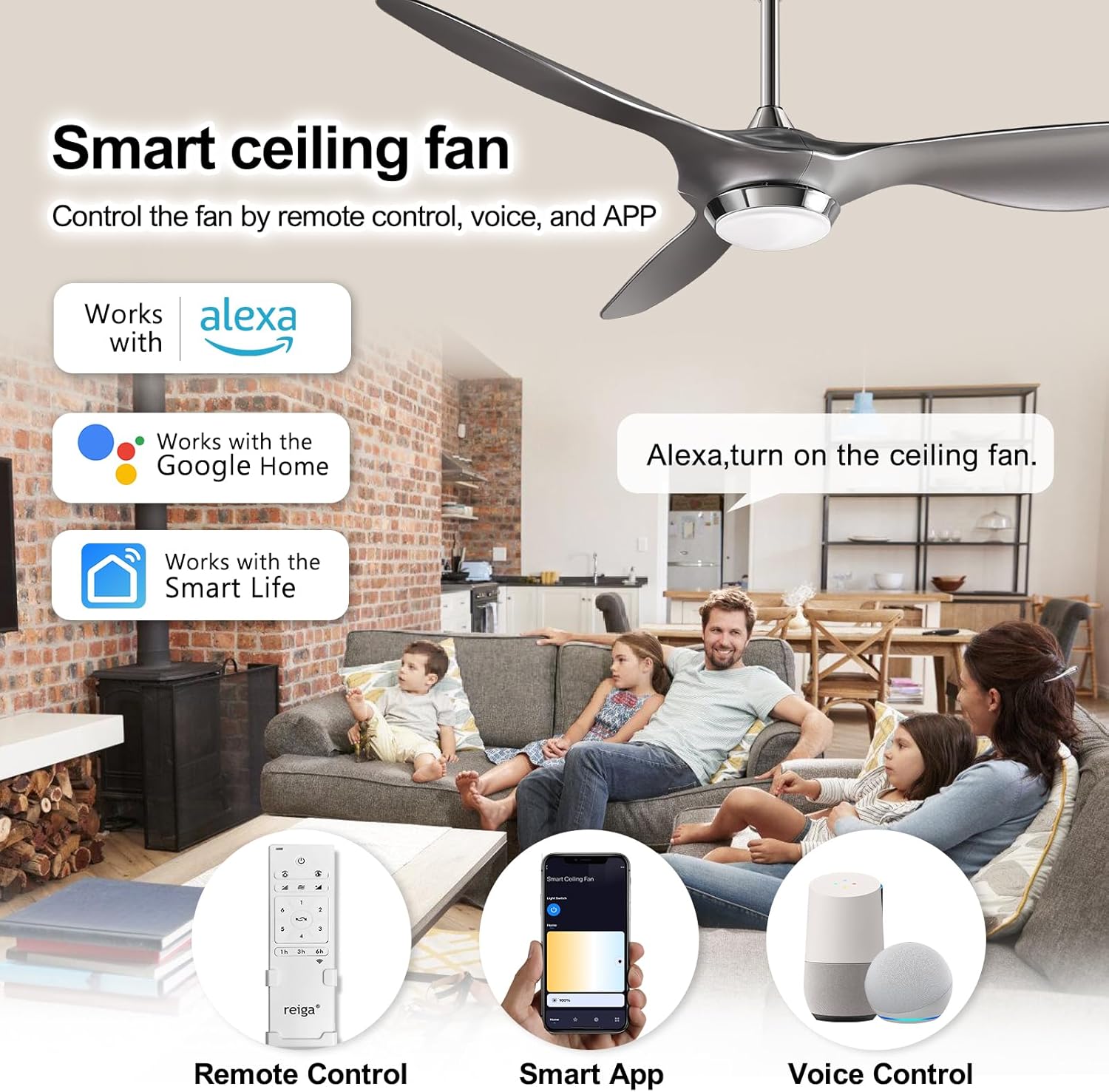 reiga 52 Inch Modern Smart Ceiling Fan with Light and Remote Control, Living Room Bedroom 3 Blade Ceiling Fans with Reversible Quiet DC Motor, Silver