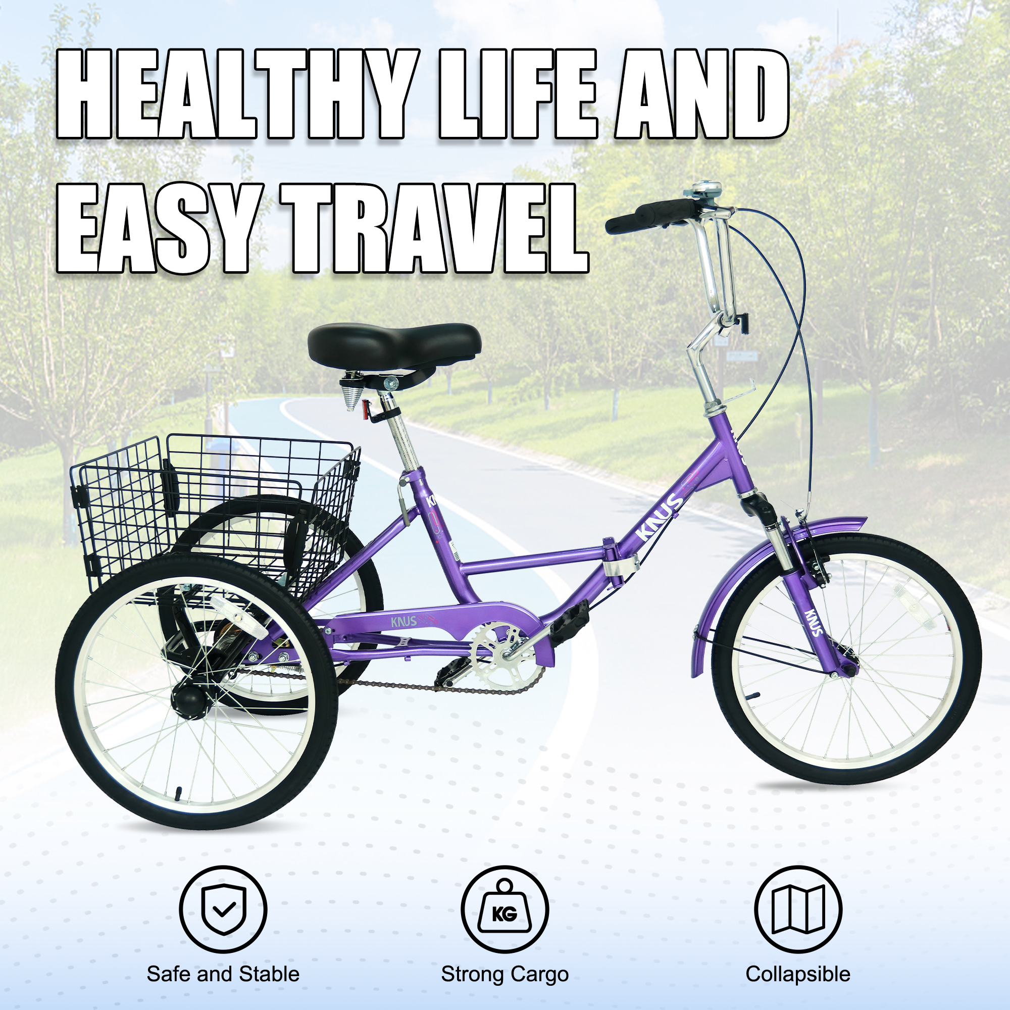 Okimo 20in 3-Wheel Folding Tricycles for Adult Portable Outdoor Folding Trike with Large Basket for Adults, Black