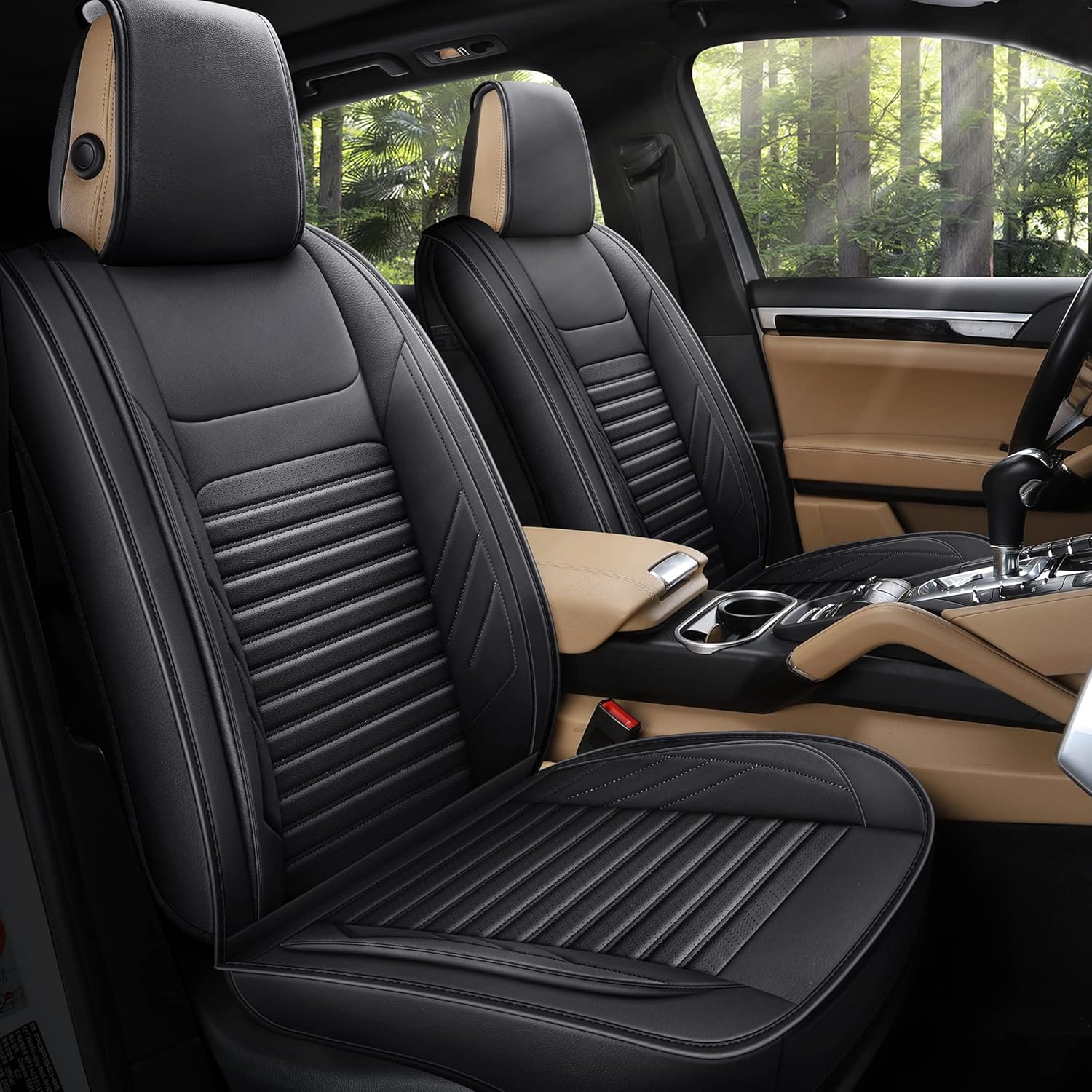 AOOG Leather Car Seat Covers, Leatherette Automotive Seat Covers for Cars SUV Pick-up Truck, Non-Slip Vehicle Car Seat Covers Universal Fit Set for Auto Interior Accessories, Front Pair, Black