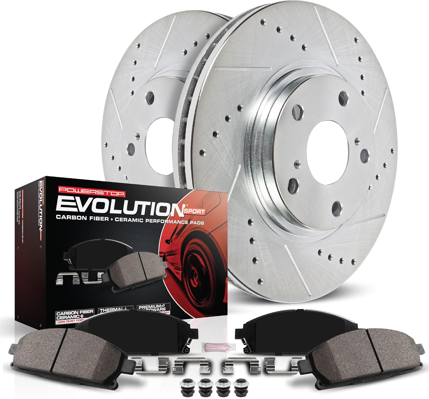 Power Stop K2069 Front Z23 Carbon Fiber Brake Pads with Drilled & Slotted Brake Rotors Kit