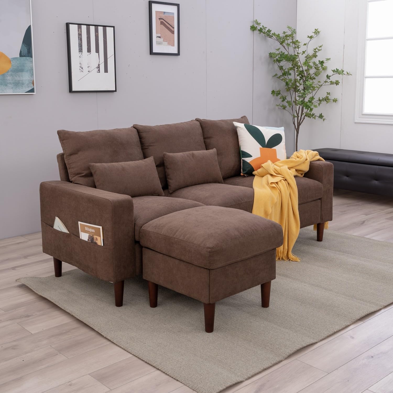 Panana Convertible Sectional Sofa Couch Modern L-Shaped Couch 3 Seat Fabric Sofa for Small Space (Brown)