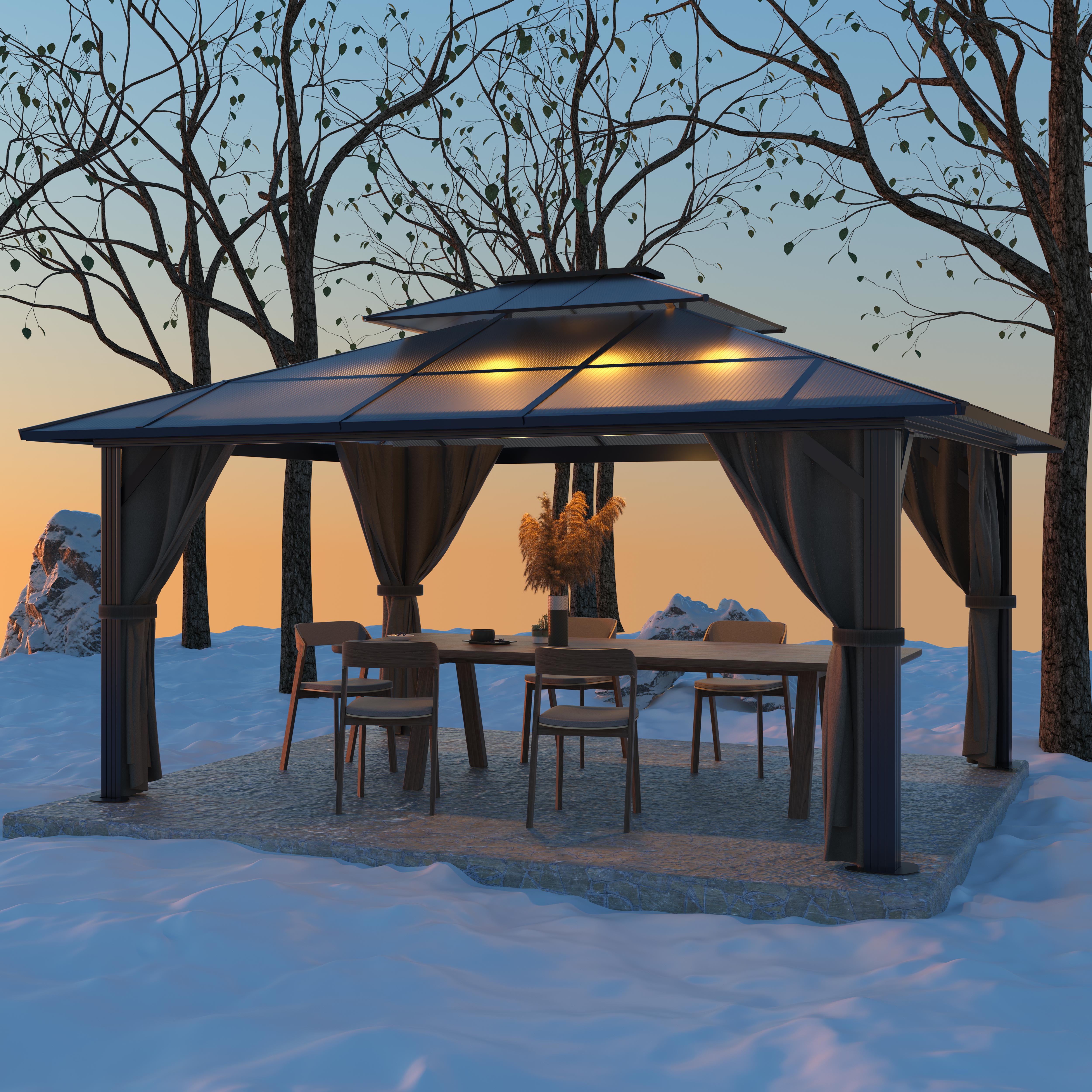 VEIKOUS 10ft x 13ft Outdoor Double Roof Gazebo w/ Netting & Curtains - Aluminum Frame Permanent Pergola for Garden Patio Lawns Parties - Curated Treasures Market