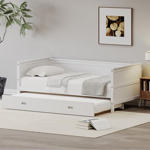 Harper & Bright Designs Twin Size Solid Wood Daybed with Trundle for Kids Teens Dorm Bedroom Multipurpose Guest Room or Home, White