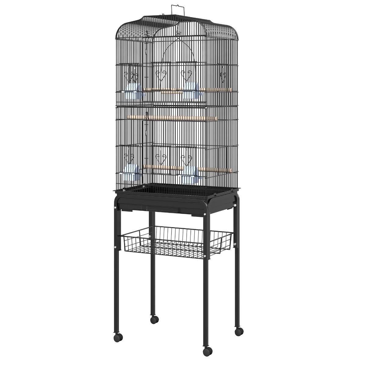 PawHut 63x22 Metal Indoor Bird Cage Starter Kit with Detachable Rolling Stand, Storage Basket, and Accessories - Black