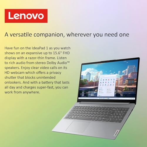 Lenovo IdeaPad 1 Laptop, 15.6" FHD Display, Intel Core i5-1235U, 24GB RAM, 1TB SSD, Numeric Keypad, SD Card Reader, Webcam, HDMI, RJ45, Wi-Fi 6, Windows 11 Home, Grey