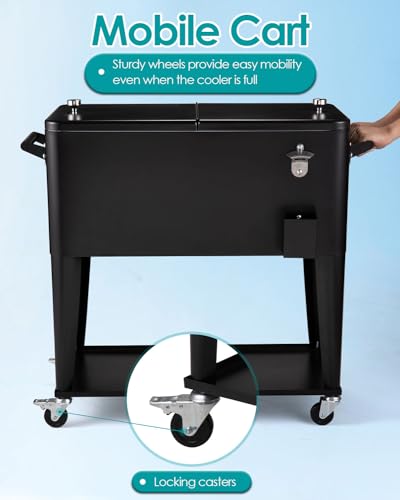 80 Quart Rolling Cooler Cart on Wheels, Portable Outdoor Patio Cooler, Ice Chest with Bottle Opener for Patio Party, Picnic, BBQ, Camping