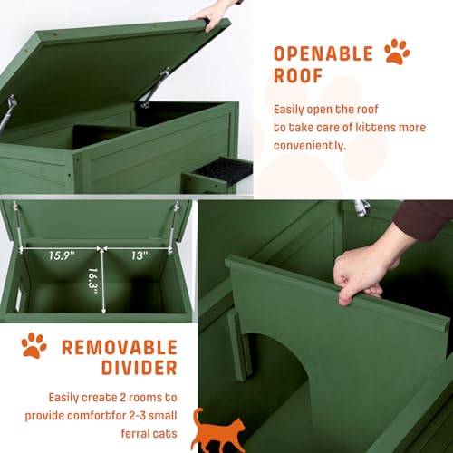 BRIOPAWS Outdoor-Cat-House-Insulated | Feral-Cat-Shelter for Winter | Weatherproof | Large Wooden Pet House for Multiple Cats | Foldable Ladder | Acrylic Side Window | Grey