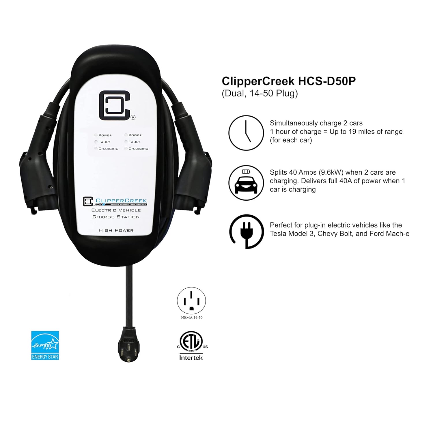 ClipperCreek 40 Amps, Level 2, 240 Volts, HCS-D50P EV Charger NEMA 14-50 Plug, 2x25 ft Cables, Built for Indoor/Outdoor use, Compatible with All EVs, Made in USA