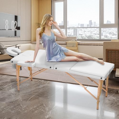 MoNiBloom Massage Table 3 Fold Portable Massage Table 82" Massage Bed Height Adjustable SPA Bed w/Carry Case Beechwood Frame Foldable Massage Table, White