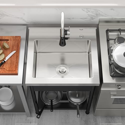 Lordear Stainless Steel Utility Sink 24 Inch - 24"x21" Freestanding Stainless Steel Kitchen Sink Single Bowl Commercial and Residential Use for Laundry Room Garage Outdoor and Kitchen