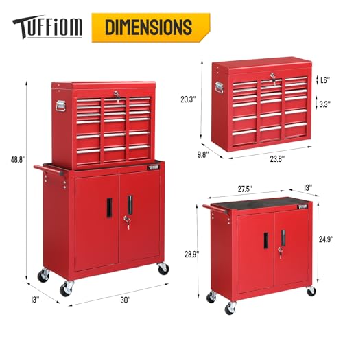 TUFFIOM 5-Drawer Rolling Tool Chest Storage Cabinet w/Drawers, Wheels, Detachable Top & Adjustable Shelf, Mechanic Tool Organizer Box for Garage, Workshop, Warehouse & Repair Shop, Red & Black