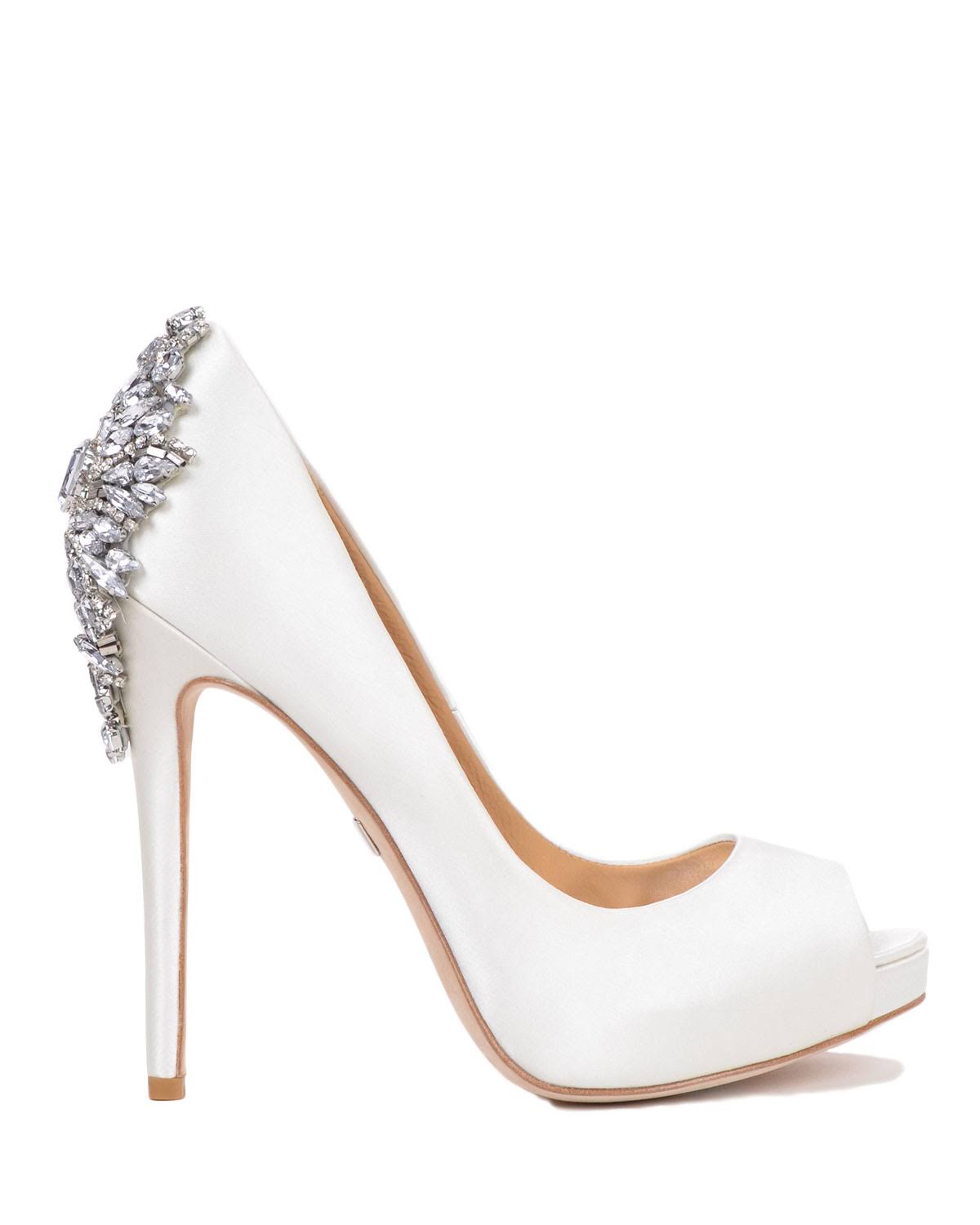 Badgley Mischka Kiara Jeweled Satin Peep-Toe Pumps, Size: 8, White