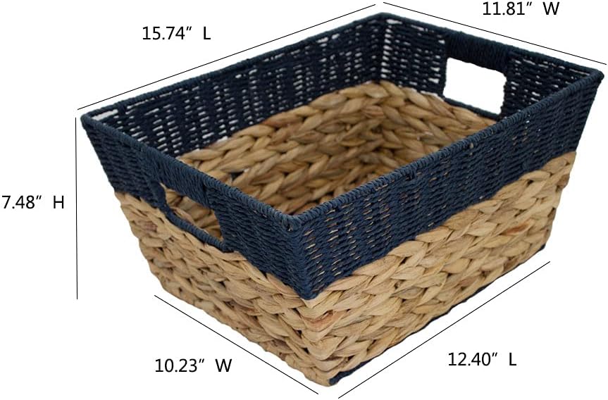 Natural Water Hyacinth Woven Rectangular Basket, Wicker Basket With Handle, Utility Storage Organizer