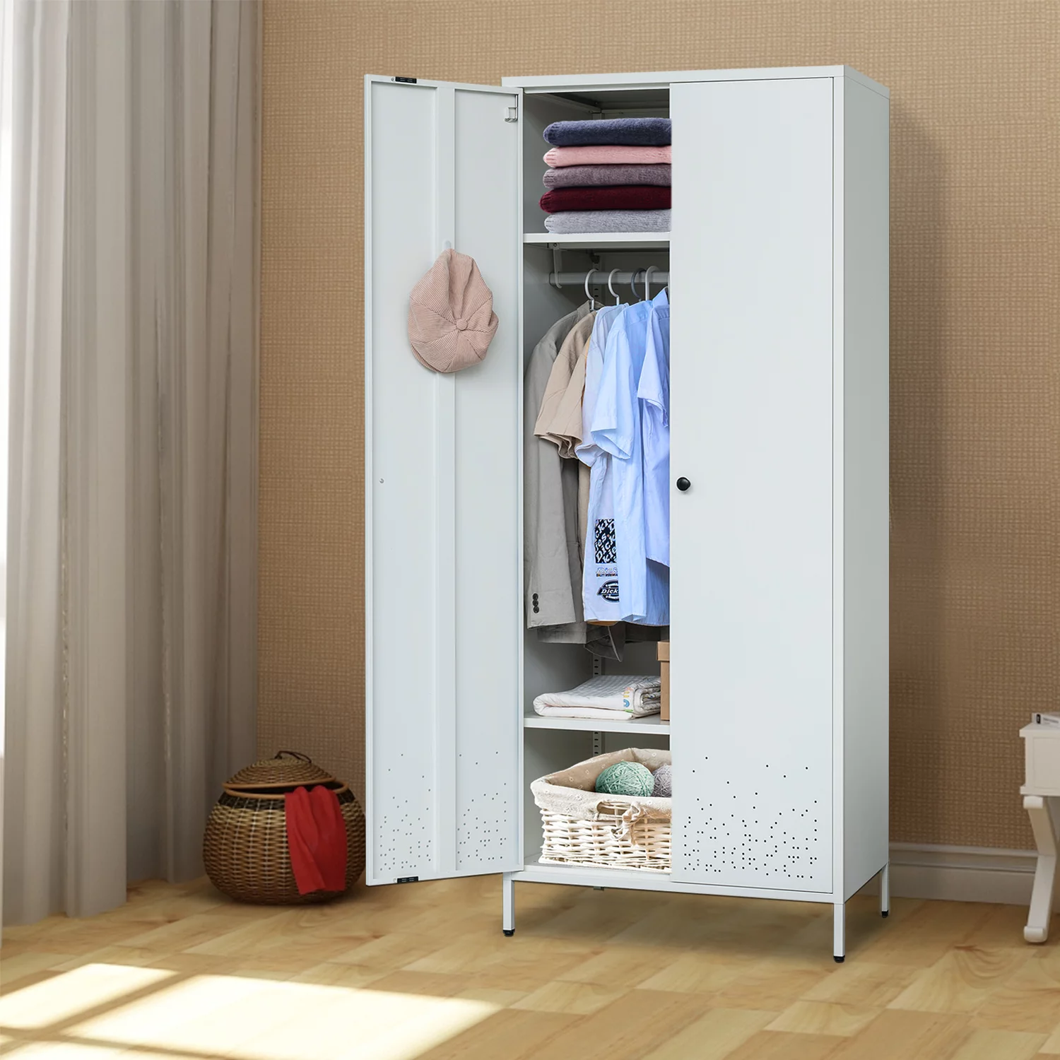 Storage Cabinet, Metal Wardrobe Armoire Closet with Hanging Rod for Bedroom, Laundry Room(White)