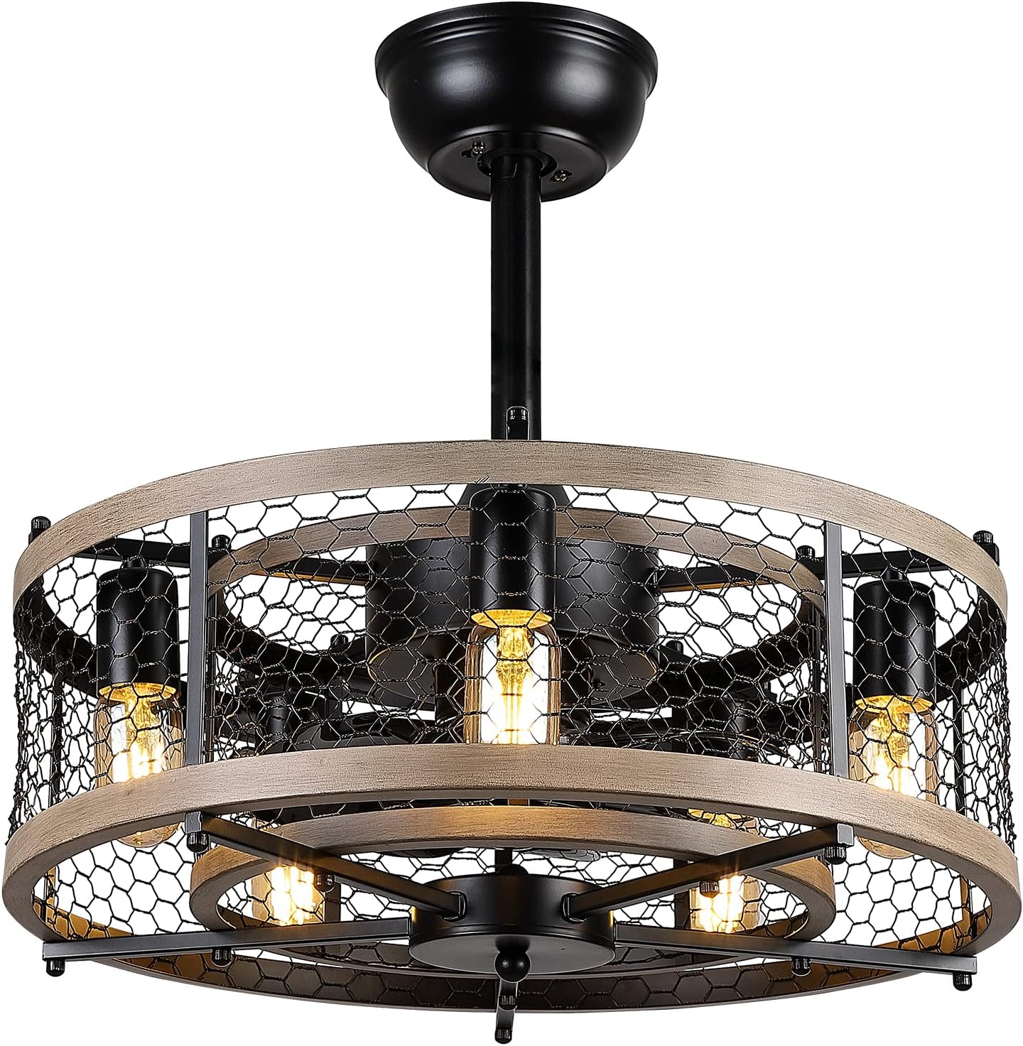 Caged Ceiling Fan with Lights Remote Control, Bladeless Rustic Farmhouse Ceiling Fan with Light, MADSHNE 20'' Small Modern Industrial Bedroom Ceiling Fan, Reversible