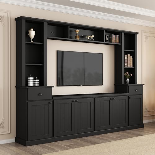 Modern TV Stand Set with Storage Cabinets, Drawers and Shelves, Large Wall Unit Set Entertainment Center, Media Console Table Set for TVs Up to 75", Black
