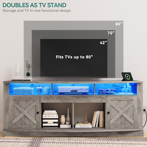 YITAHOME Farmhouse TV Stand for TVS up to 80 Inch, Entertainment Center with Power Outlet, TV Table with Barn Doors & Storage Cabinets, TV Console for Living Room, 70" White