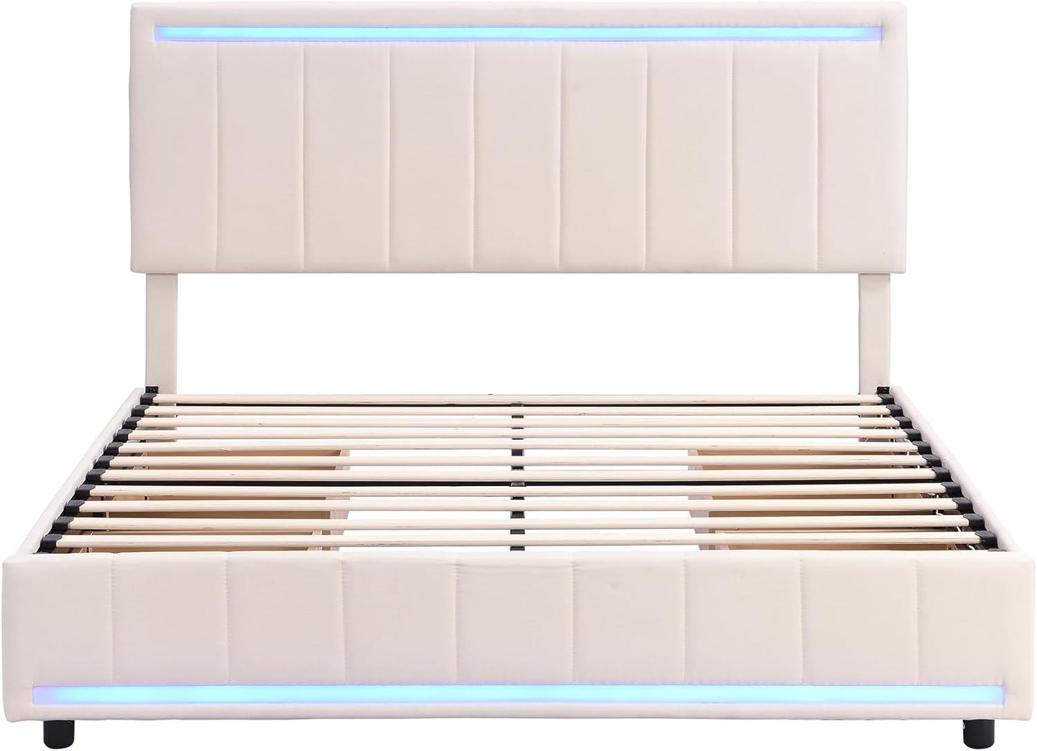 Queen LED Bed Frame With 4 Storage Drawers And USB Ports ,Modern Platform Bed Frame With LED Headboard And Footboard ,Linen Upholstered Storage Queen Bed,No Box Spring Needed,Beige