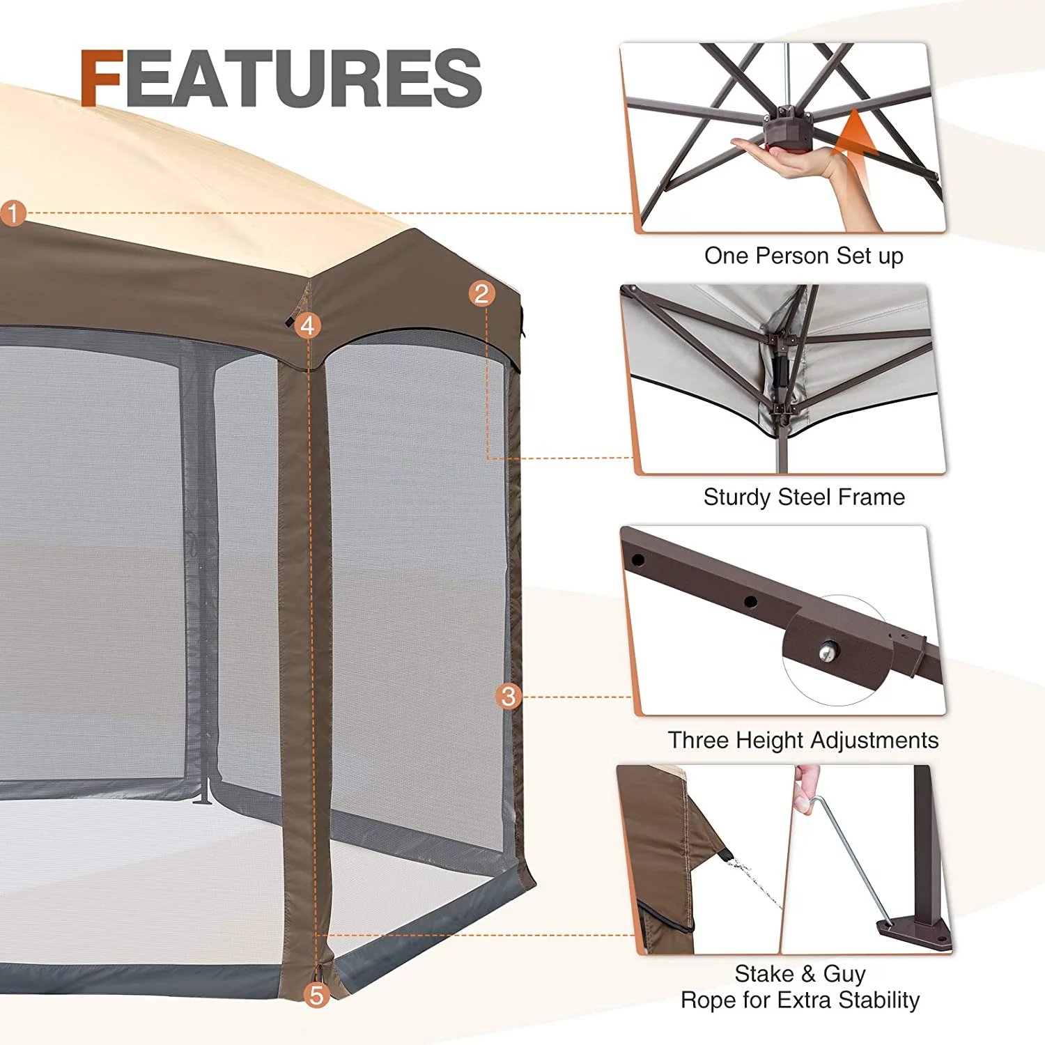 EAGLE PEAK Pop-Up Camping 6 Sided (6x6x6) Gazebo w/ Mosquito Netting Easy Center Push Canopy Shelter Instant Setup Outdoor Screen Tent (Brown)