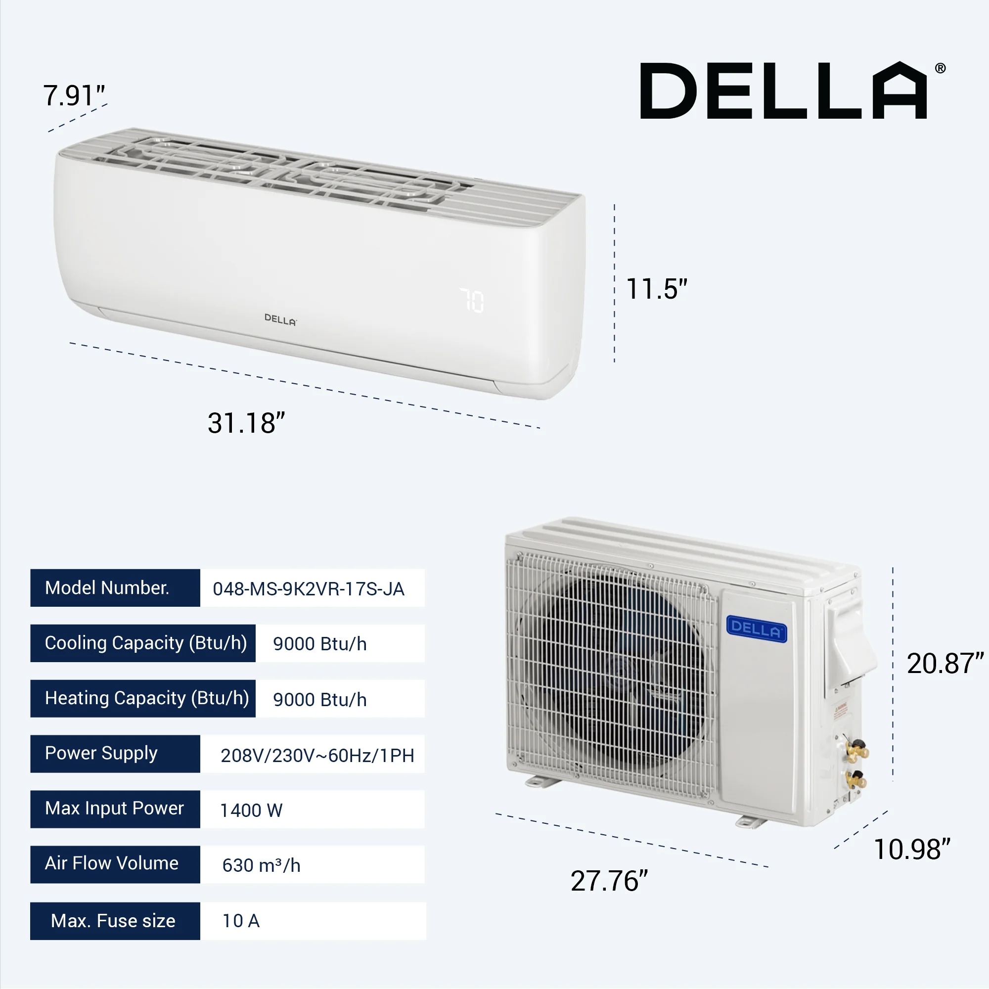 DELLA 9000 BTU Wifi Enabled Mini Split 17 SEER2 Cools Up to 450 Sq.Ft, 208V-230V, Works with Alexa, Air Conditioner & Heater with Pre-Charged Heat Pump (R32 Refrigerant) (JA Series)