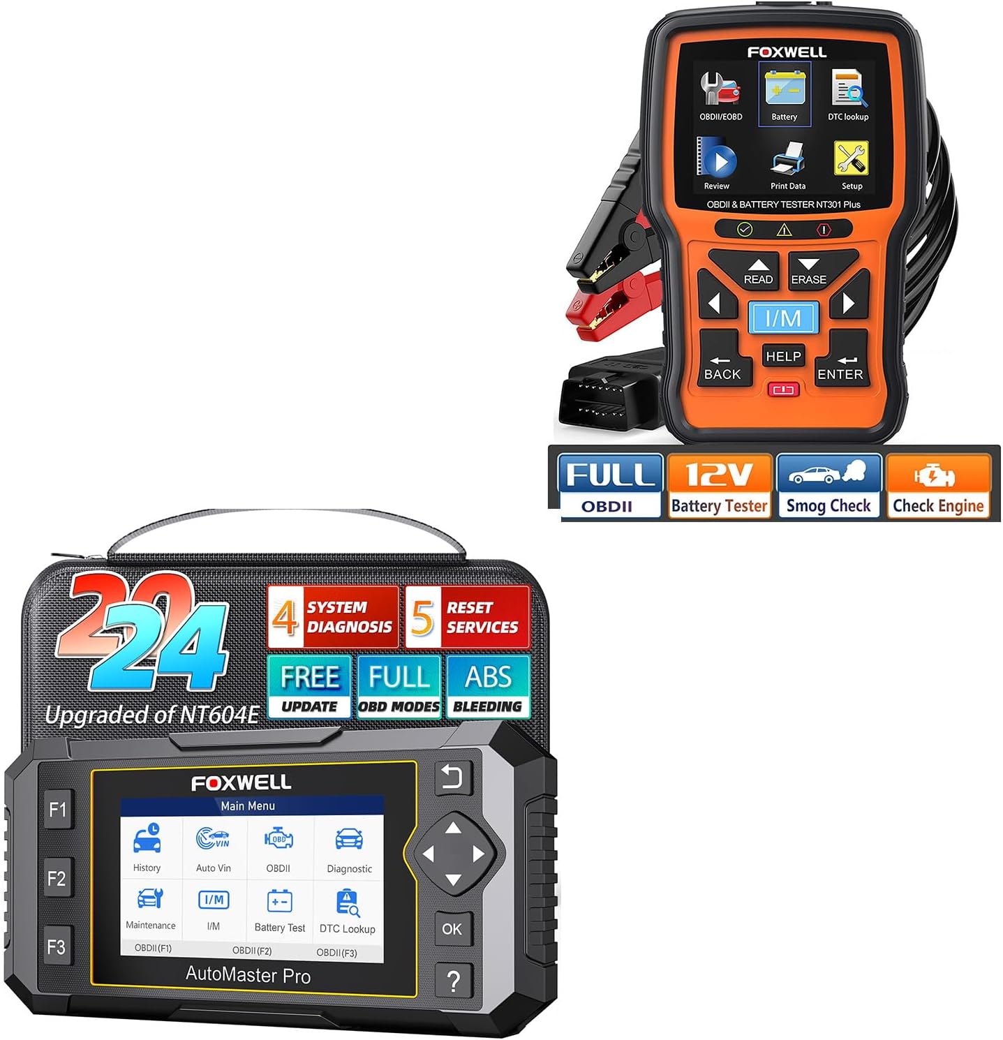 FOXWELL Code Reader NT614 Elite OBD2 Scanner and FOXWELL NT301 Plus 2 IN1 OBD2 Scanner Battery Tester