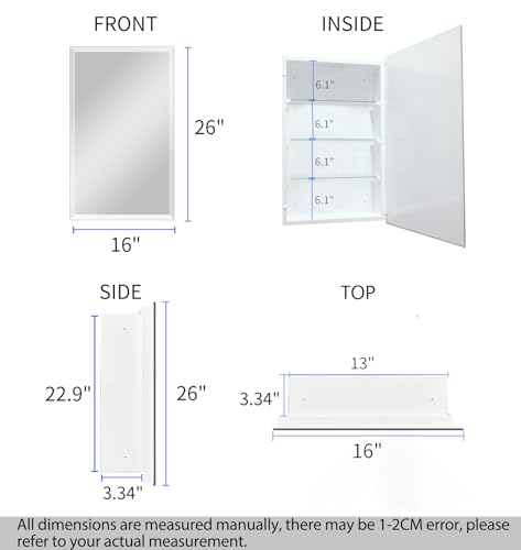 14"x24" Bathroom Medicine Cabinet with Mirror, Rectangular Beveled Frameless Mirror Cabinet,Wall Mounted Cabinet for Bathroom Toilet Kitchen,Recess or Surface Mount Installation
